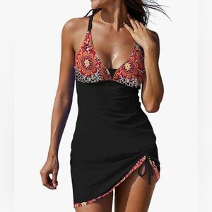 EVALESS Tankini Tummy Control Sexy Deep V Neck Print Drawstring Skirt one piece